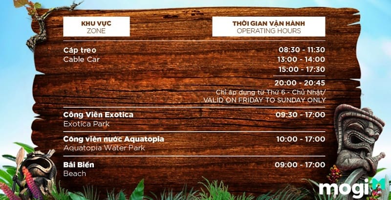 Lịch hoạt động cụ thể của cáp treo.