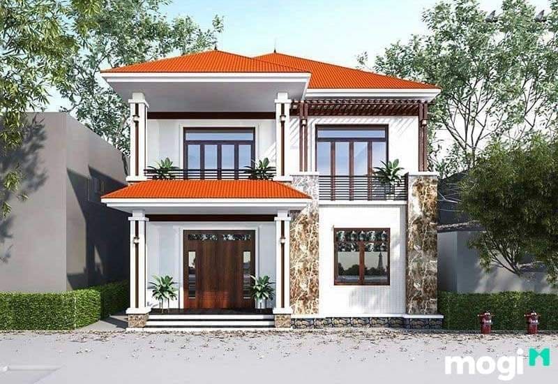 Mẫu nhà mái ngói đẹp có 2 tầng hiện đại và nổi bật.