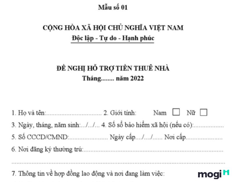 Mẫu đơn số 1 đề nghị hỗ trợ tiền thuê nhà