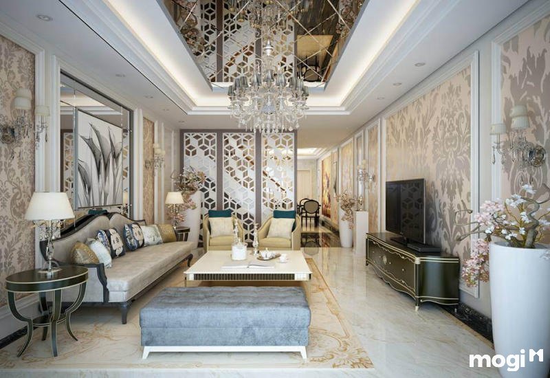 phòng khách tân cổ điển nhà ống