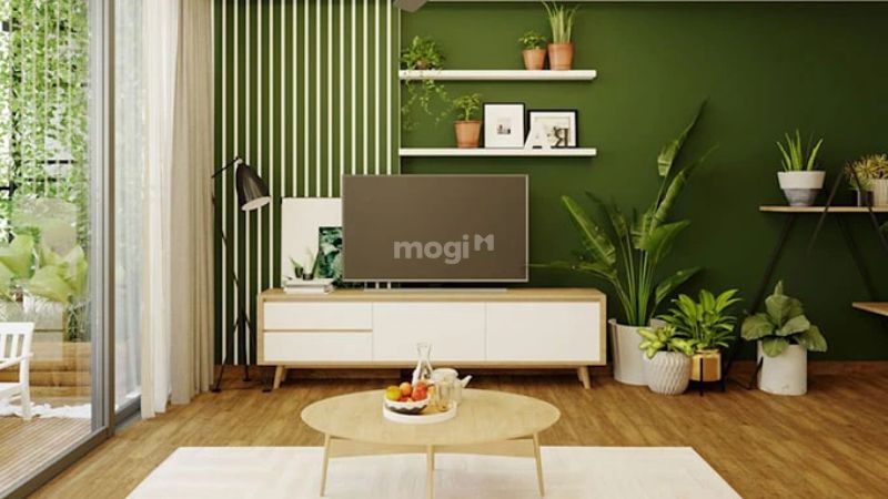 Mẫu phòng khách màu xanh cho người mệnh Hoả