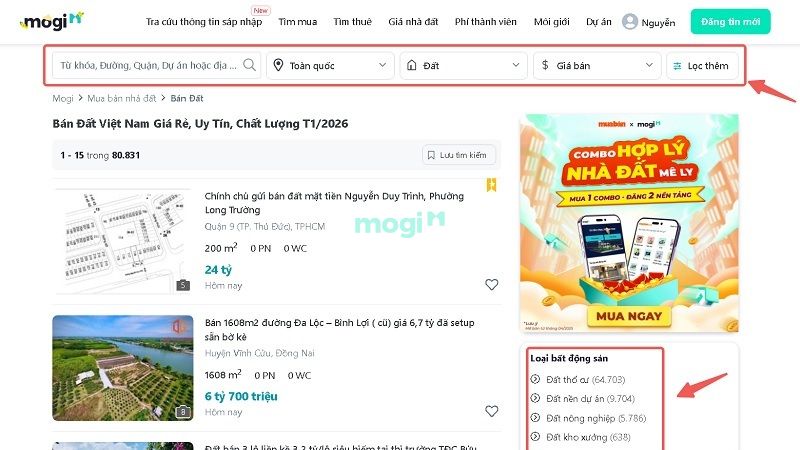 Tìm mua đất trên website Mogi.vn