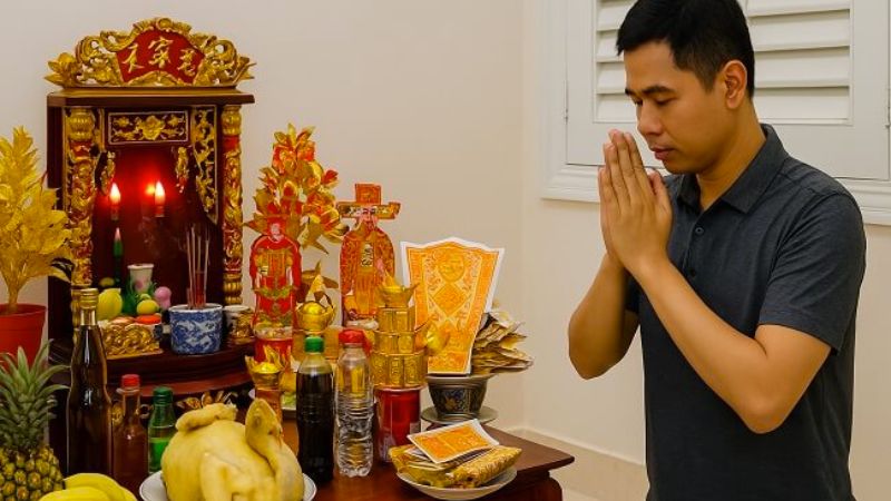 Gia chủ mang theo bát hương, bài vị tổ tiên