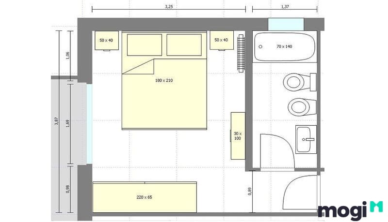 Hướng đặt bồn cầu của bản vẽ phòng ngủ có toilet