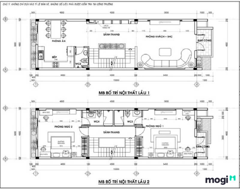Bản vẽ thiết kế mẫu nhà phố 2 tầng 5x15 hiện đại