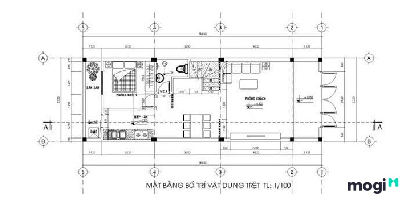 Mặt bằng công năng tầng trệt nhà ống mẫu nhà phố 2 tầng 5x15