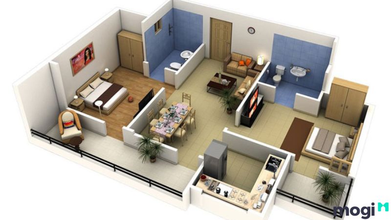 Mẫu thiết kế căn hộ 2 phòng ngủ 50m2 hiện đại