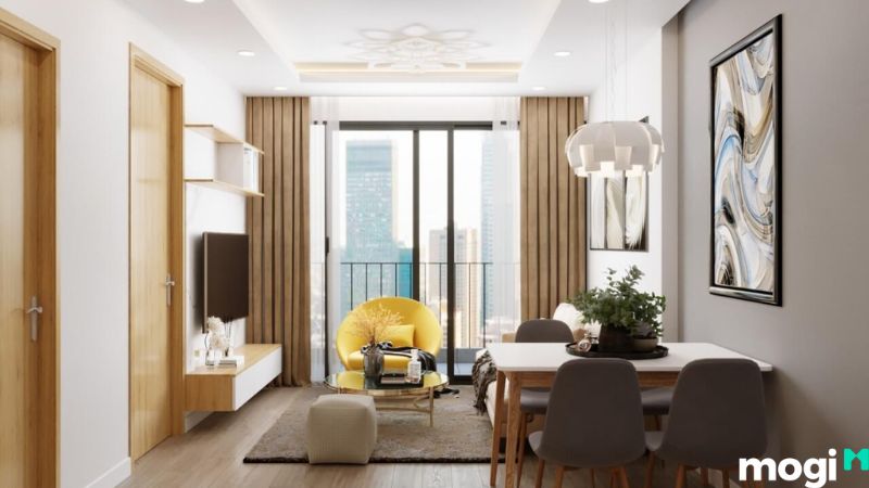 Mẫu thiết kế nội thất căn hộ 2 phòng ngủ 50m2 có bếp mở