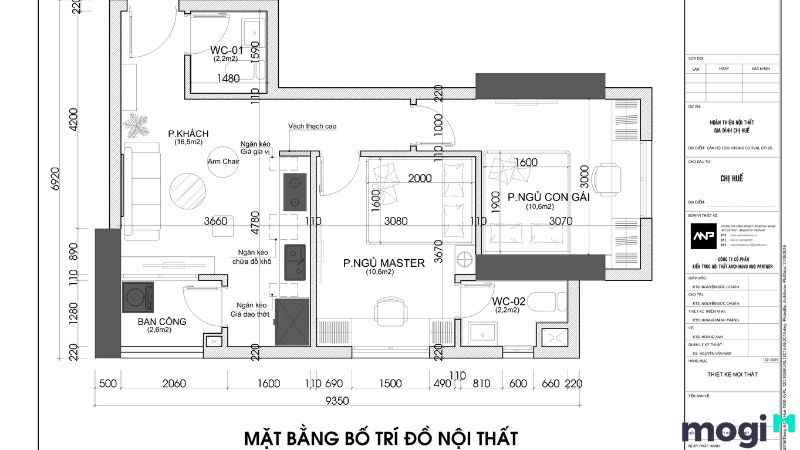 Mẫu thiết kế nội thất căn hộ 2 phòng ngủ 50m2 có bếp mở