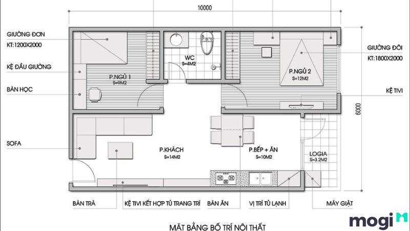 Mẫu thiết kế căn hộ 2 phòng ngủ 50m2 hiện đại