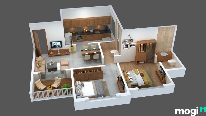 Mẫu thiết kế căn hộ 2 phòng ngủ 50m2 có ban công