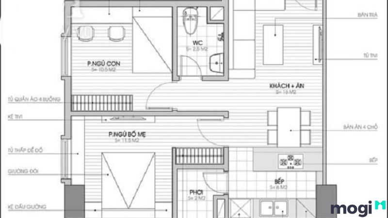 Mẫu thiết kế căn hộ 2 phòng ngủ 50m2 có ban công 