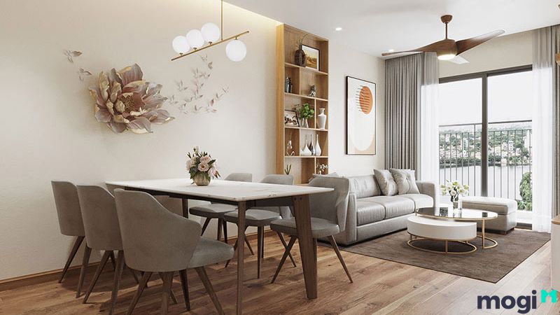 Mẫu thiết kế nội thất chung cư 50m2 2 phòng ngủ nằm góc tòa nhà