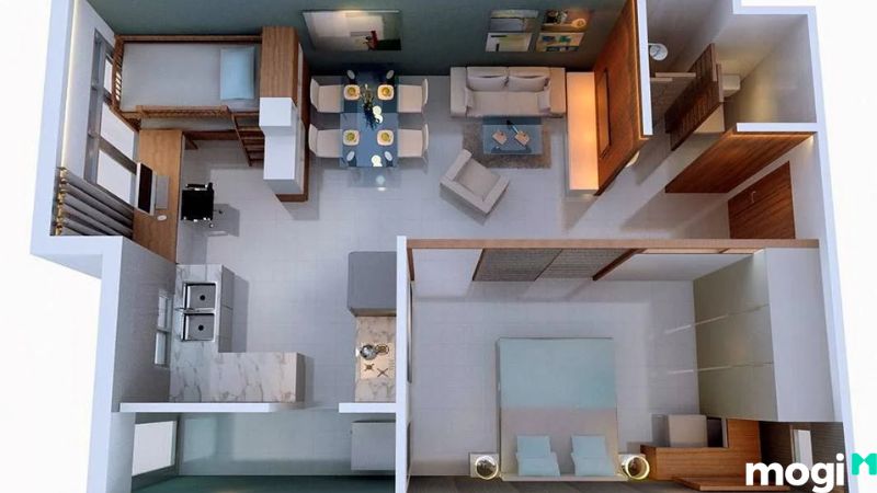 Mẫu thiết kế nội thất chung cư 50m2 2 phòng ngủ nằm góc tòa nhà