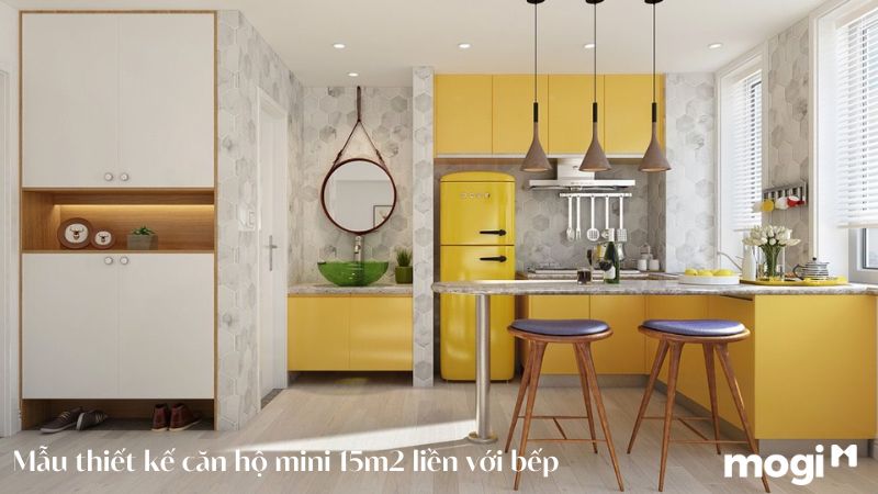 Mẫu thiết kế căn hộ mini 15m2 liền với bếp