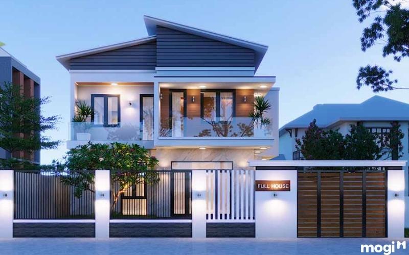 Nhà 2 tầng thiết kế 2 mái chéo